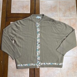 Elegant Olive Cardigan with Floral Trim